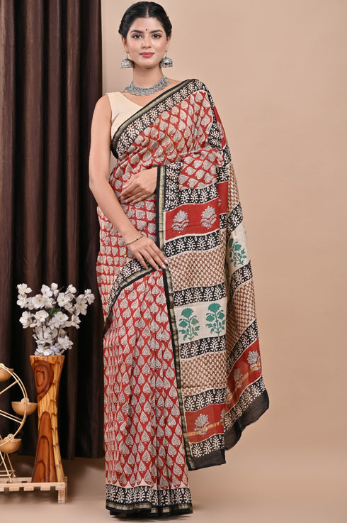 Traditional Hand Block Print Chanderi Silk Saree (CHSAR32)